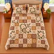 Gardenia patchwork quilt set, overhead view, AI-generated digital product mockup