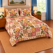 Lantana patchwork quilt set, left view, AI-generated digital product mockup