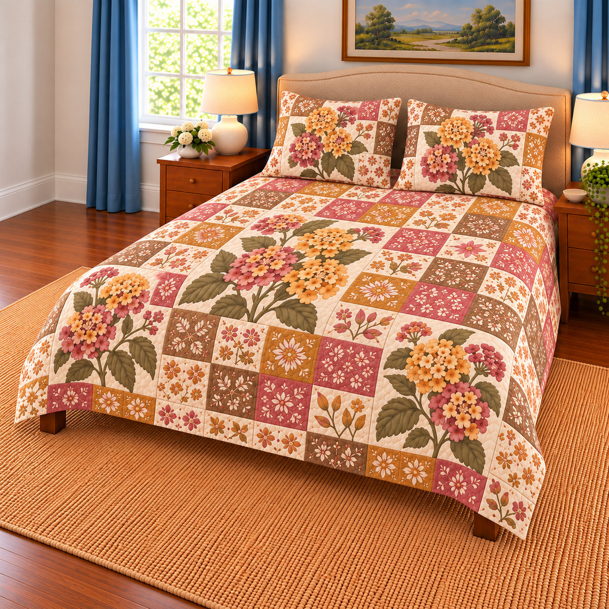 Lantana patchwork quilt set, right view, AI-generated digital product mockup
