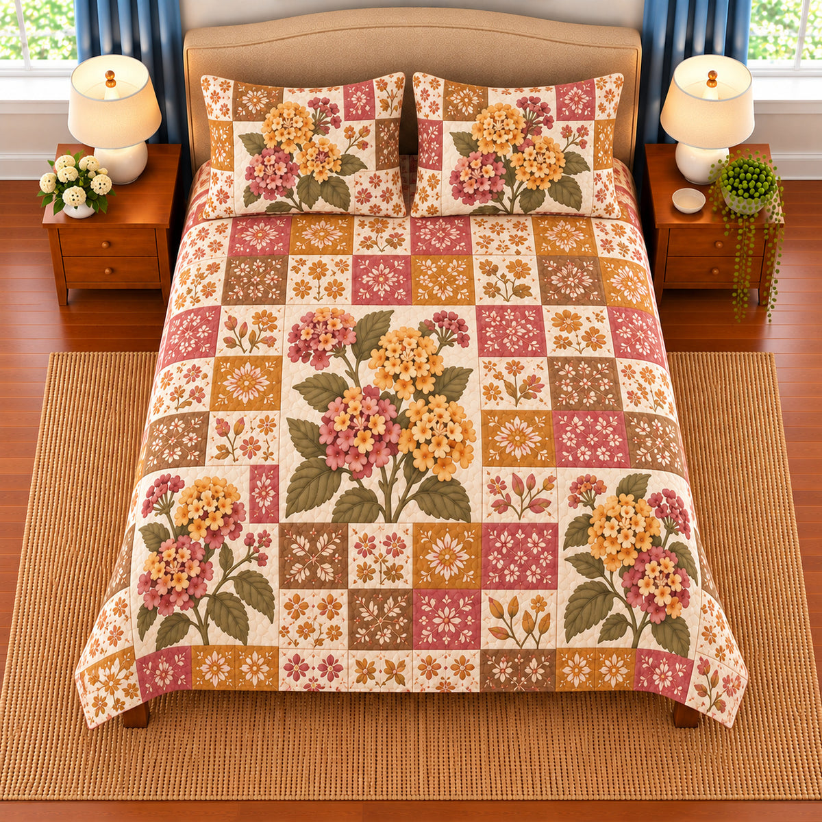 Lantana patchwork quilt set, overhead view, AI-generated digital product mockup