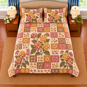 Lantana patchwork quilt set, overhead view, AI-generated digital product mockup