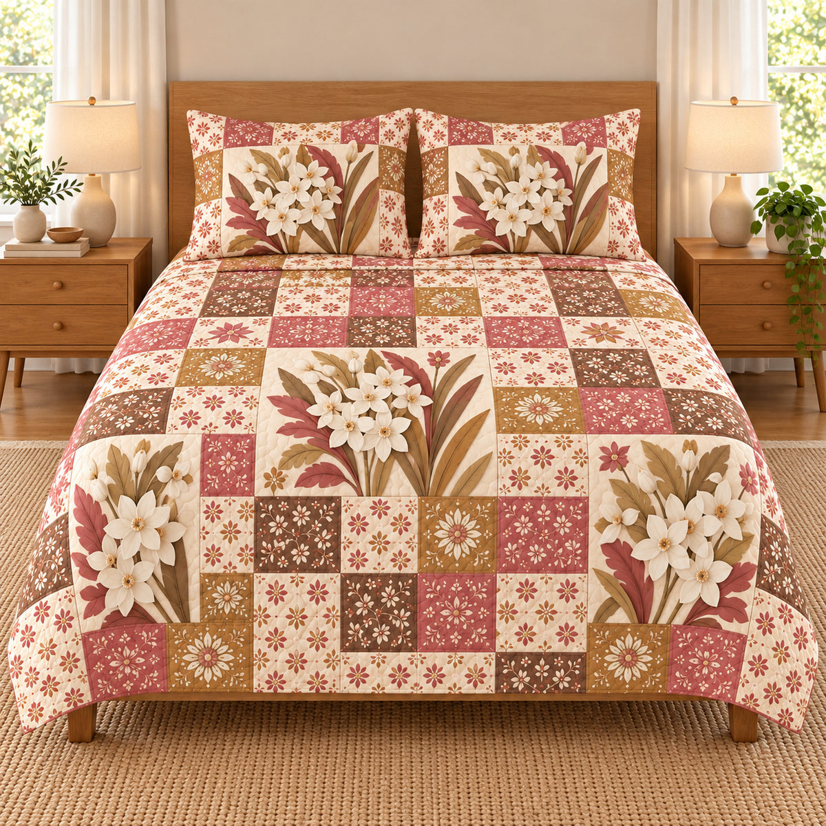 Paperwhite Narcissus patchwork quilt set, front view, AI-generated digital product mockup
