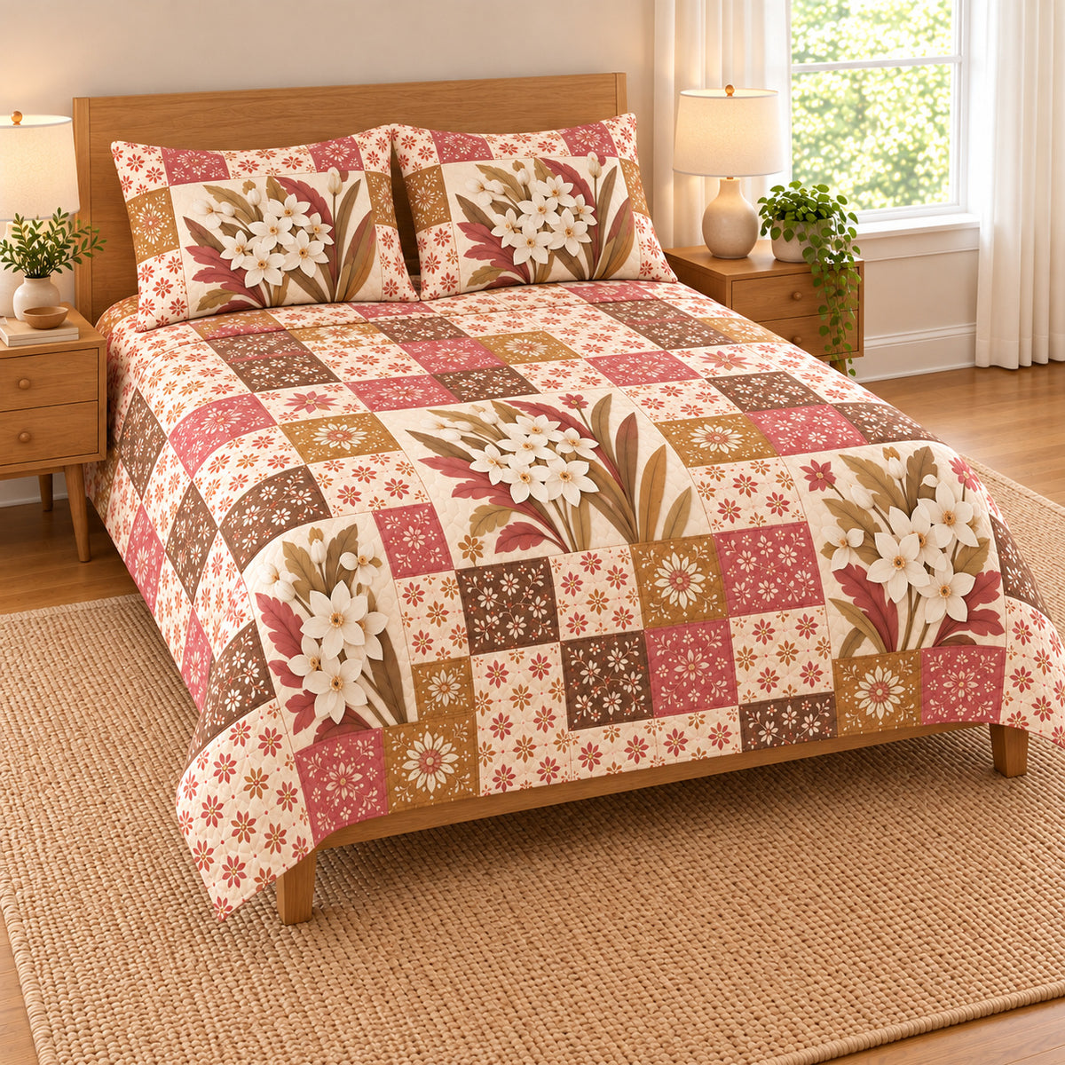 Paperwhite Narcissus patchwork quilt set, left view, AI-generated digital product mockup