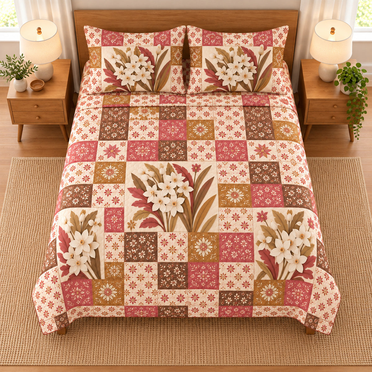 Paperwhite Narcissus patchwork quilt set, overhead view, AI-generated digital product mockup