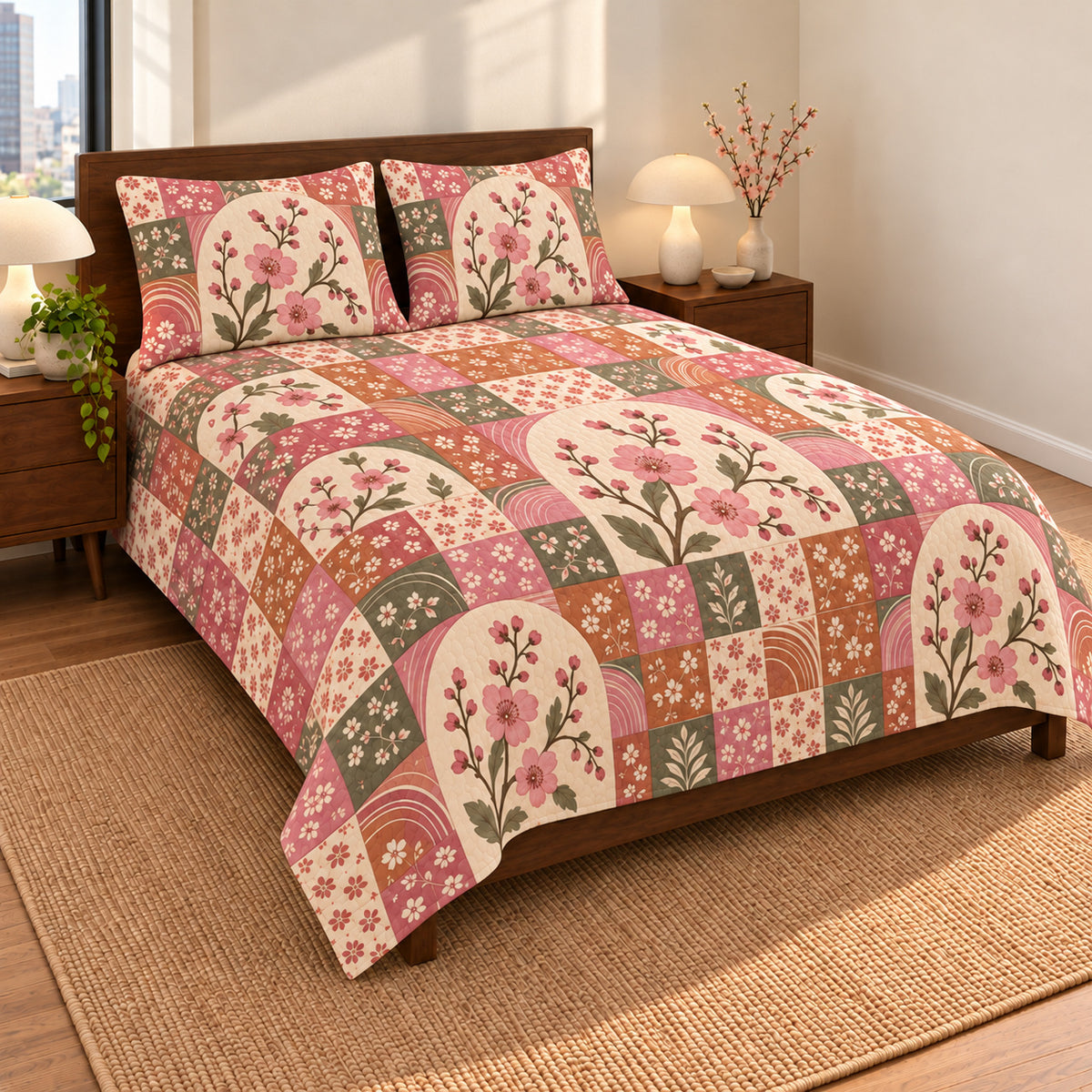 Plum Blossom patchwork quilt set, left view, AI-generated digital product mockup