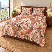 Plum Blossom patchwork quilt set, right view, AI-generated digital product mockup
