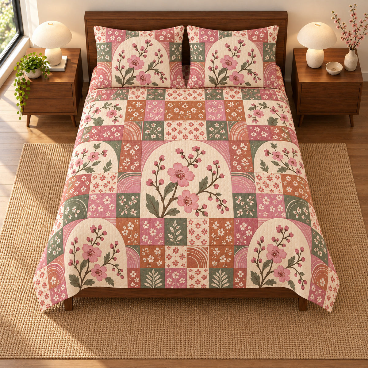 Plum Blossom patchwork quilt set, overhead view, AI-generated digital product mockup