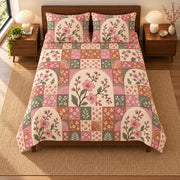 Plum Blossom patchwork quilt set, overhead view, AI-generated digital product mockup