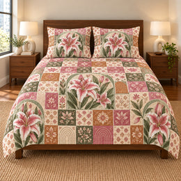 Stargazer Lily Patchwork Quilt Set, Gift for Stargazer Lily Lovers, Gift for Garden Lovers