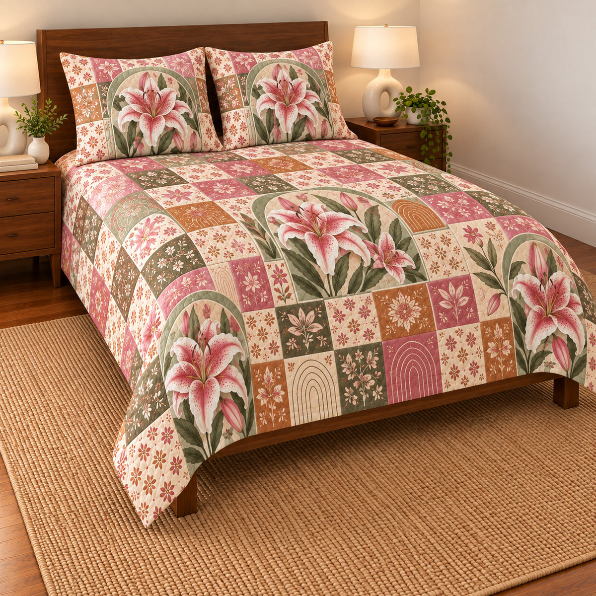 Stargazer Lily patchwork quilt set, left view, AI-generated digital product mockup