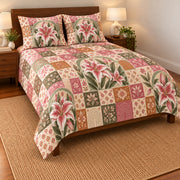 Stargazer Lily patchwork quilt set, left view, AI-generated digital product mockup
