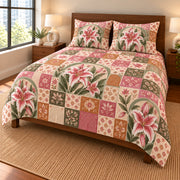Stargazer Lily patchwork quilt set, right view, AI-generated digital product mockup