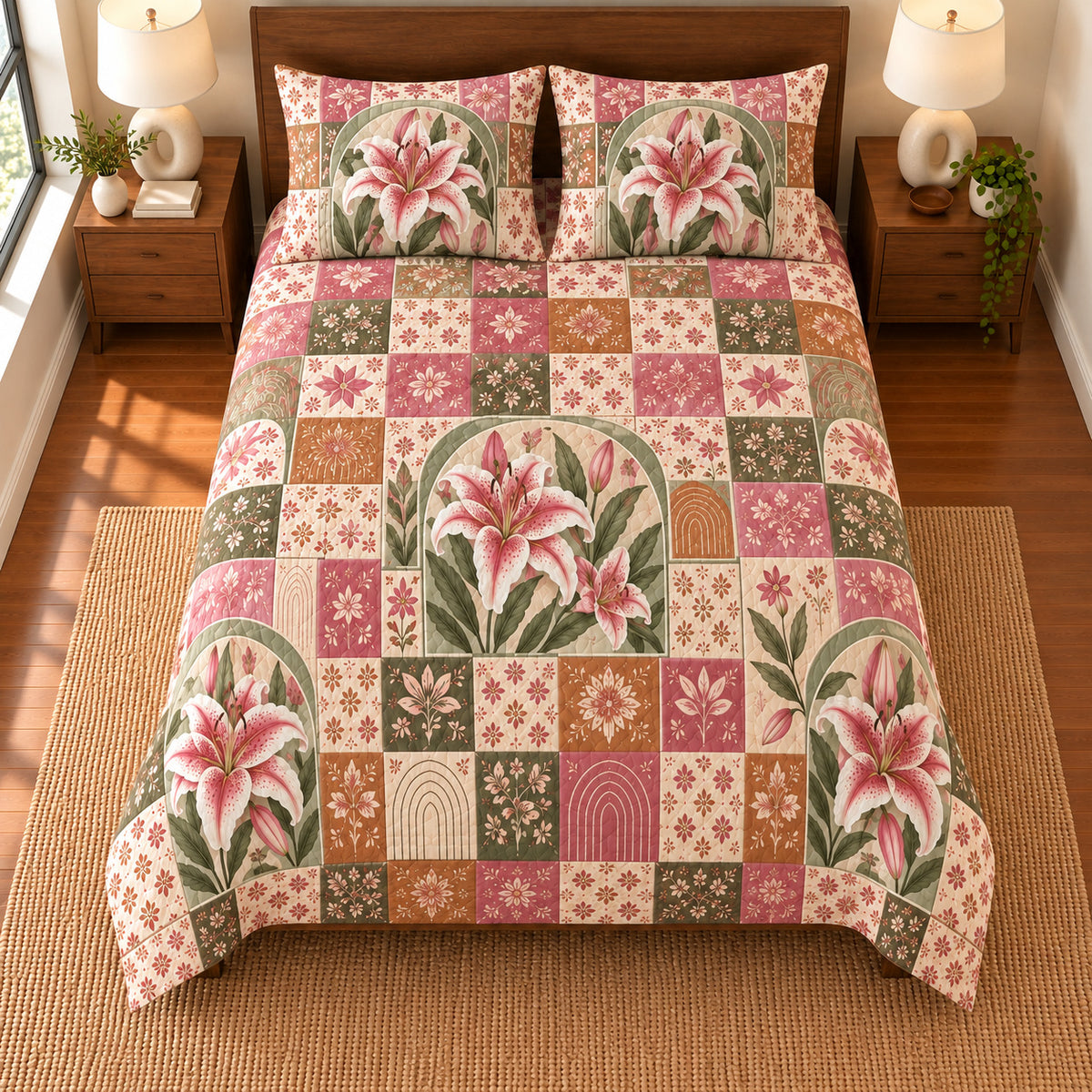 Stargazer Lily patchwork quilt set, overhead view, AI-generated digital product mockup