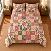 Stargazer Lily patchwork quilt set, overhead view, AI-generated digital product mockup