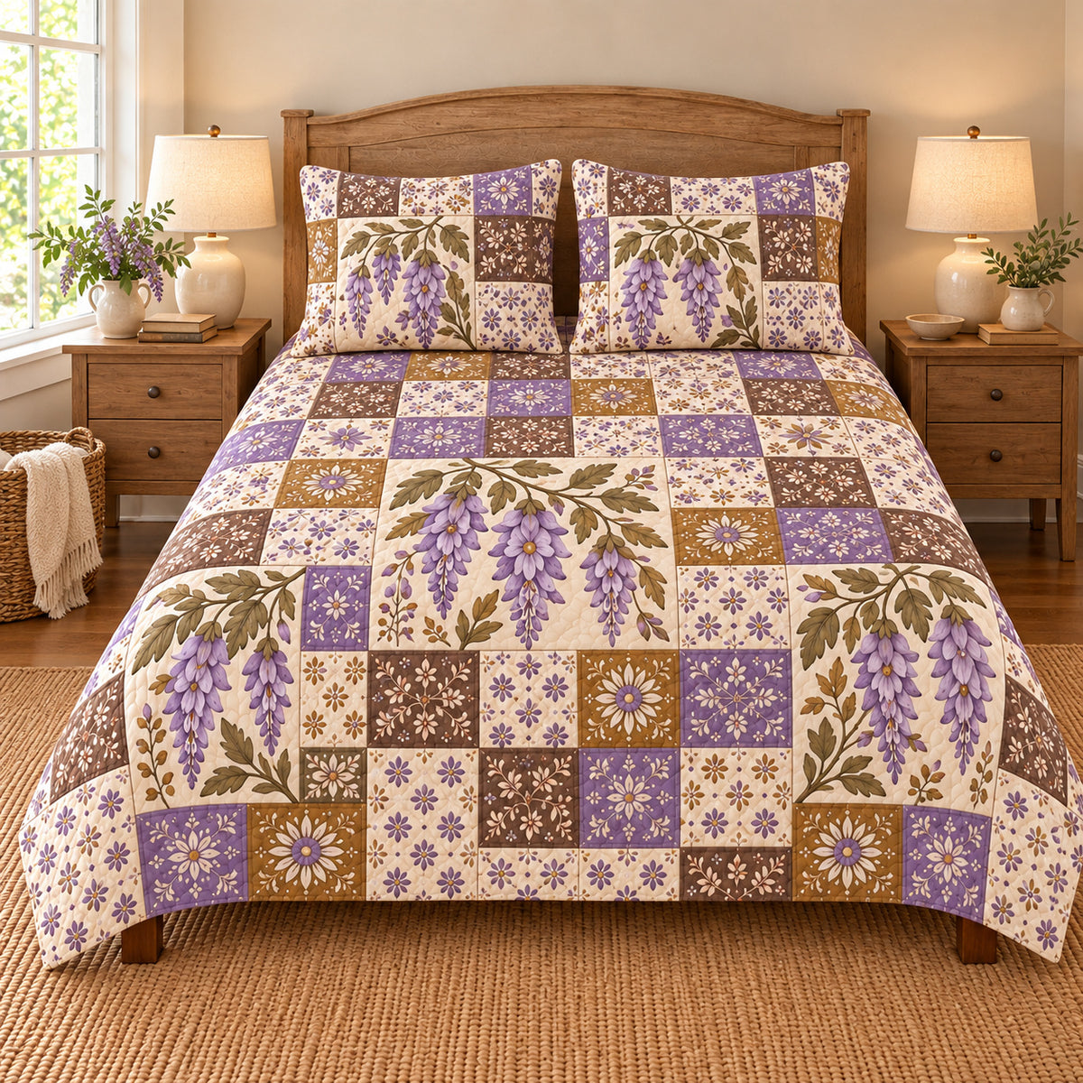 Wisteria patchwork quilt set, front view, AI-generated digital product mockup