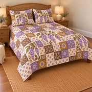 Wisteria patchwork quilt set, left view, AI-generated digital product mockup