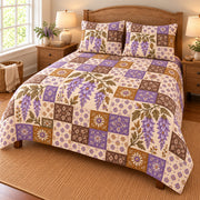 Wisteria patchwork quilt set, right view, AI-generated digital product mockup