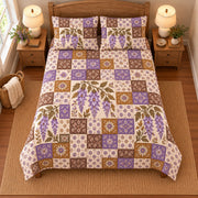Wisteria patchwork quilt set, overhead view, AI-generated digital product mockup