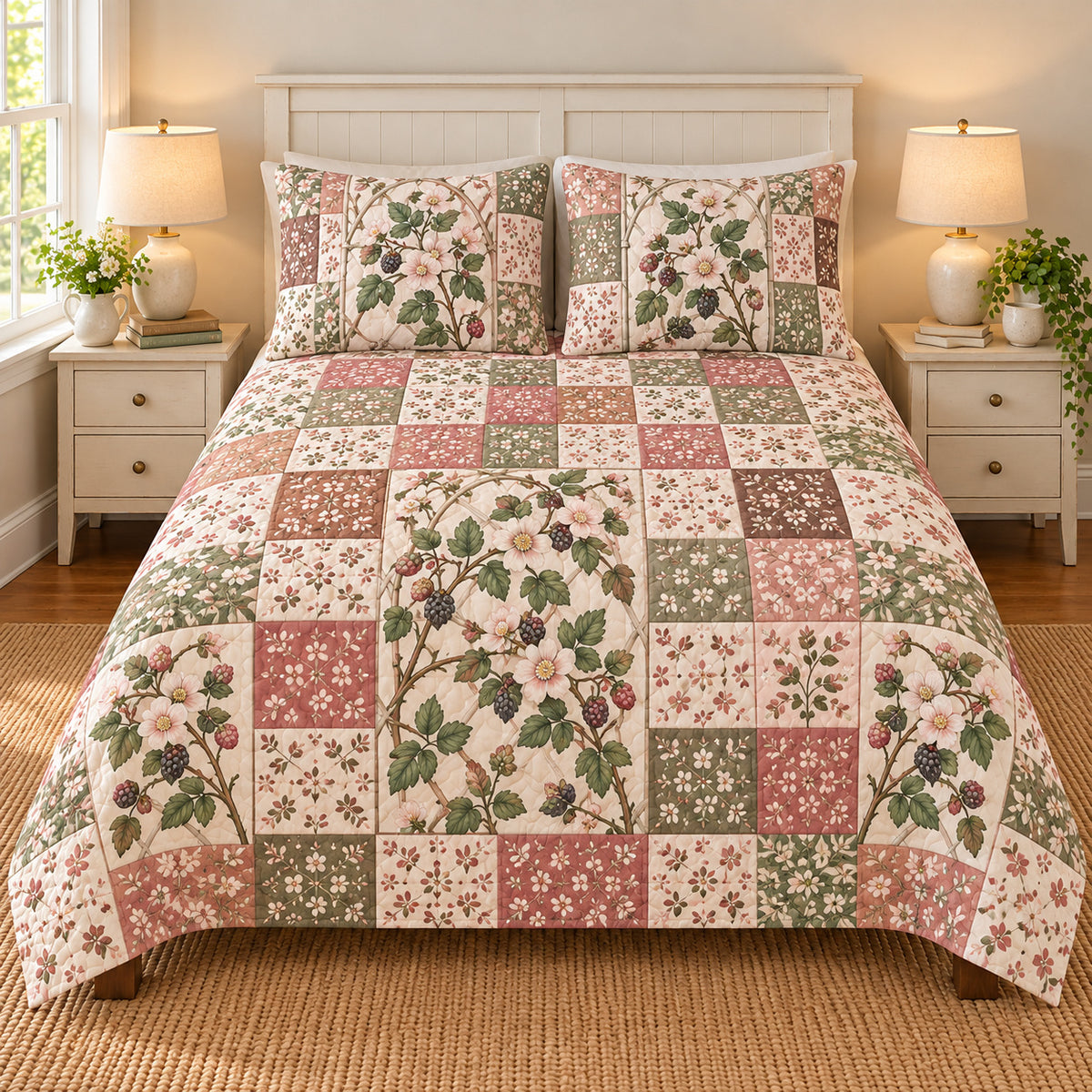 Blackberry Blossom patchwork quilt set, front view, AI-generated digital product mockup