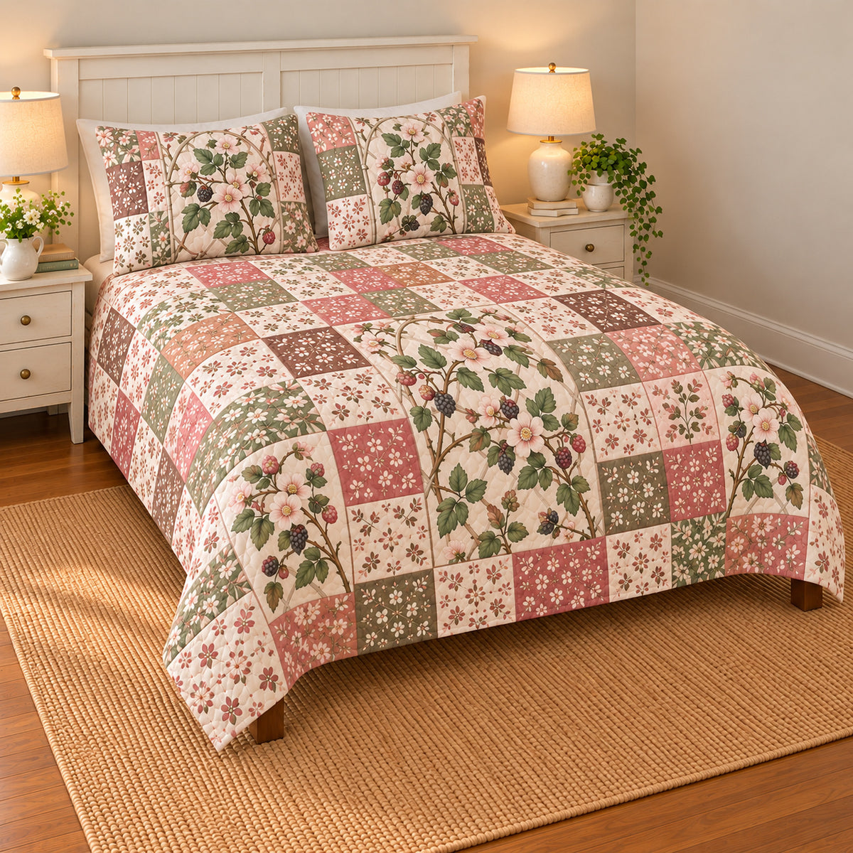 Blackberry Blossom patchwork quilt set, left view, AI-generated digital product mockup