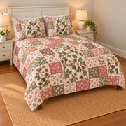 Blackberry Blossom patchwork quilt set, left view, AI-generated digital product mockup