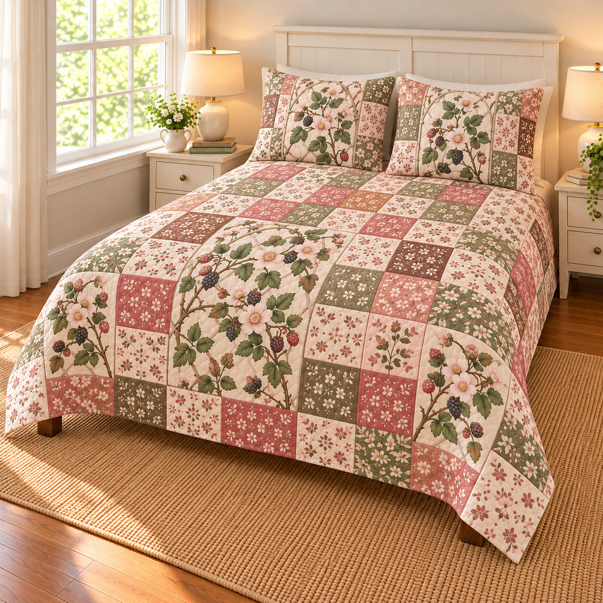 Blackberry Blossom patchwork quilt set, right view, AI-generated digital product mockup