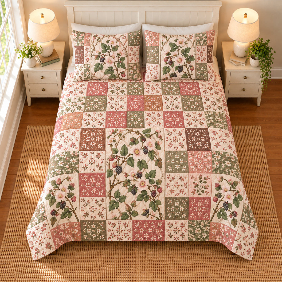 Blackberry Blossom patchwork quilt set, overhead view, AI-generated digital product mockup
