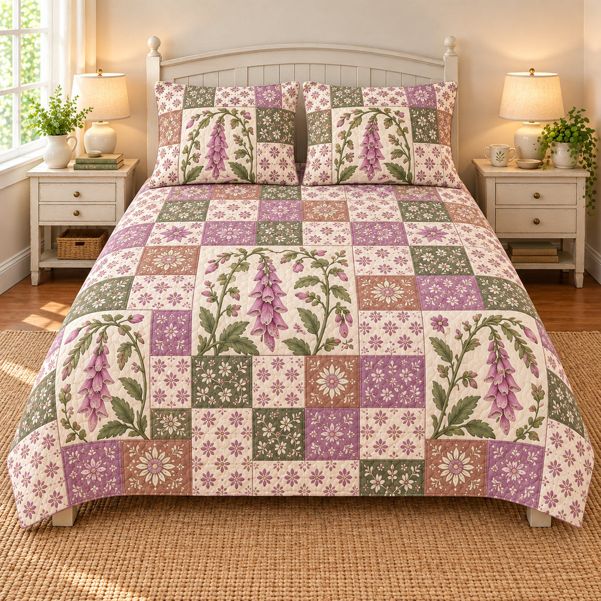 Foxglove patchwork quilt set, front view, AI-generated digital product mockup