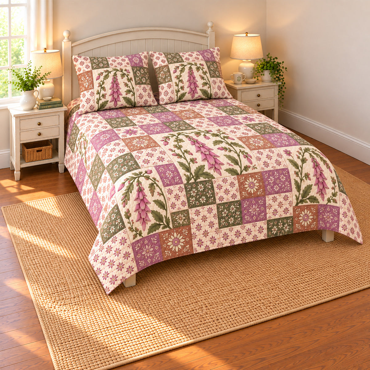 Foxglove patchwork quilt set, left view, AI-generated digital product mockup