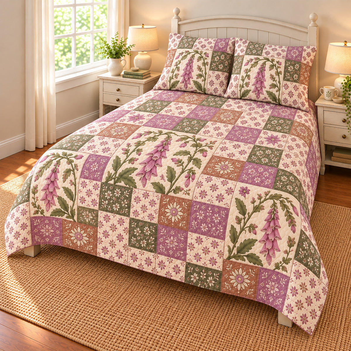 Foxglove patchwork quilt set, right view, AI-generated digital product mockup