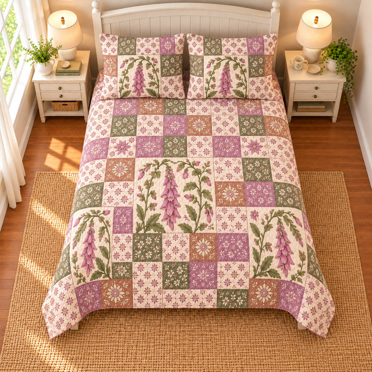 Foxglove patchwork quilt set, overhead view, AI-generated digital product mockup