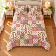 Foxglove patchwork quilt set, overhead view, AI-generated digital product mockup