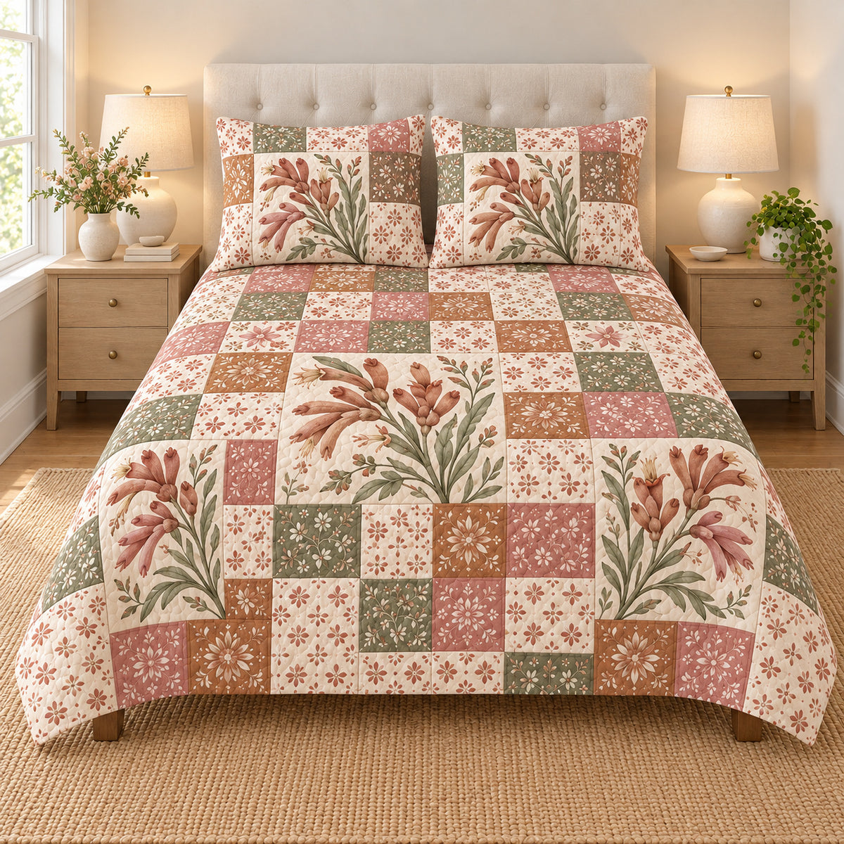Kangaroo Paw patchwork quilt set, front view, AI-generated digital product mockup