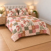 Kangaroo Paw patchwork quilt set, left view, AI-generated digital product mockup