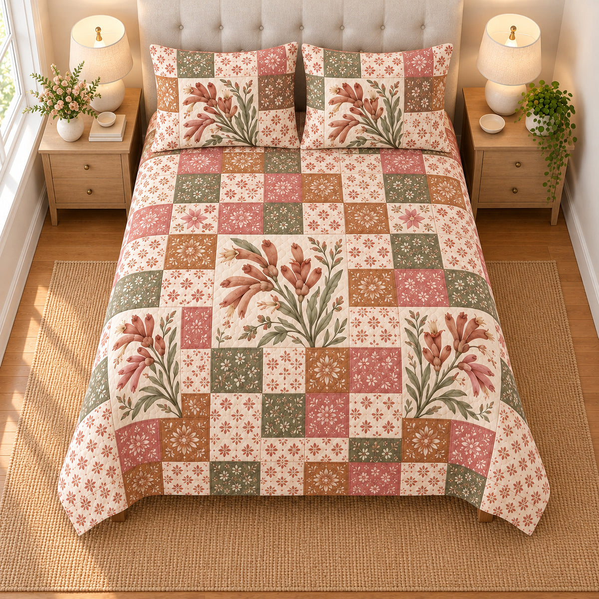 Kangaroo Paw patchwork quilt set, overhead view, AI-generated digital product mockup
