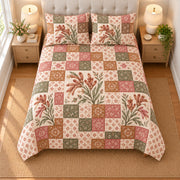 Kangaroo Paw patchwork quilt set, overhead view, AI-generated digital product mockup