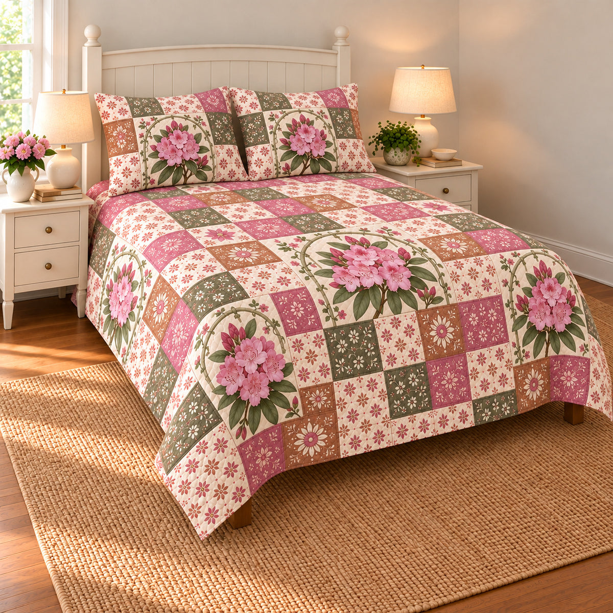 Rhododendron patchwork quilt set, left view, AI-generated digital product mockup