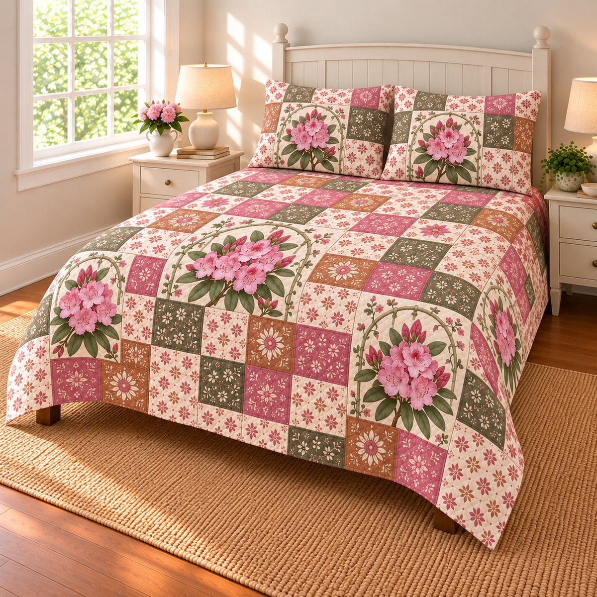 Rhododendron patchwork quilt set, right view, AI-generated digital product mockup