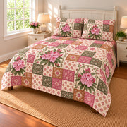 Rhododendron patchwork quilt set, right view, AI-generated digital product mockup