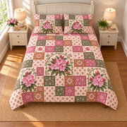 Rhododendron patchwork quilt set, overhead view, AI-generated digital product mockup