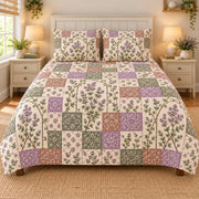 Thyme Blossoms patchwork quilt set, front view, AI-generated digital product mockup