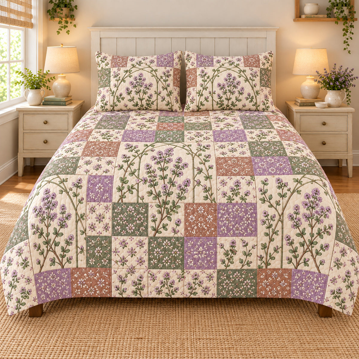 Thyme Blossoms patchwork quilt set, front view, AI-generated digital product mockup