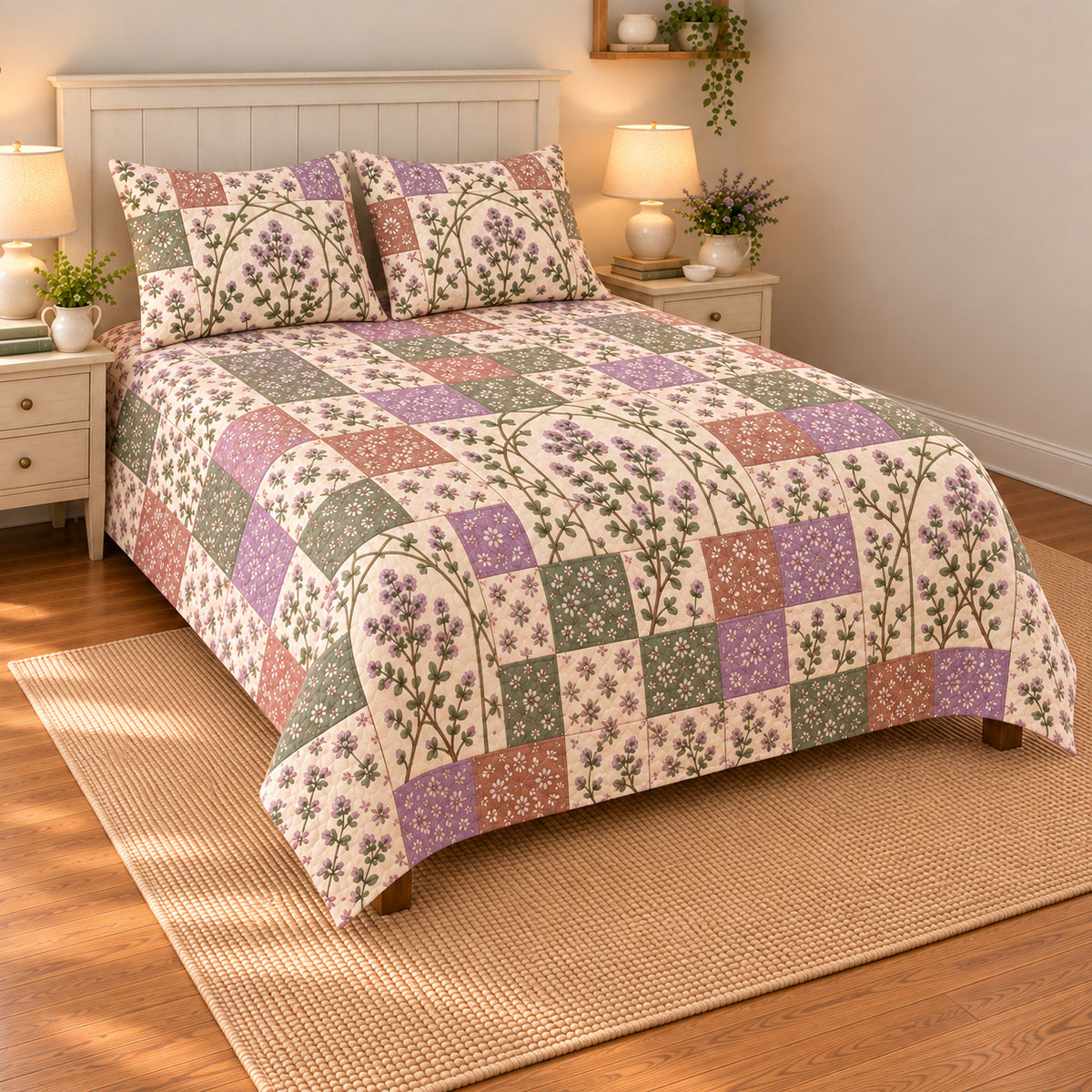Thyme Blossoms patchwork quilt set, left view, AI-generated digital product mockup