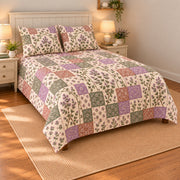 Thyme Blossoms patchwork quilt set, left view, AI-generated digital product mockup