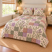 Thyme Blossoms patchwork quilt set, right view, AI-generated digital product mockup