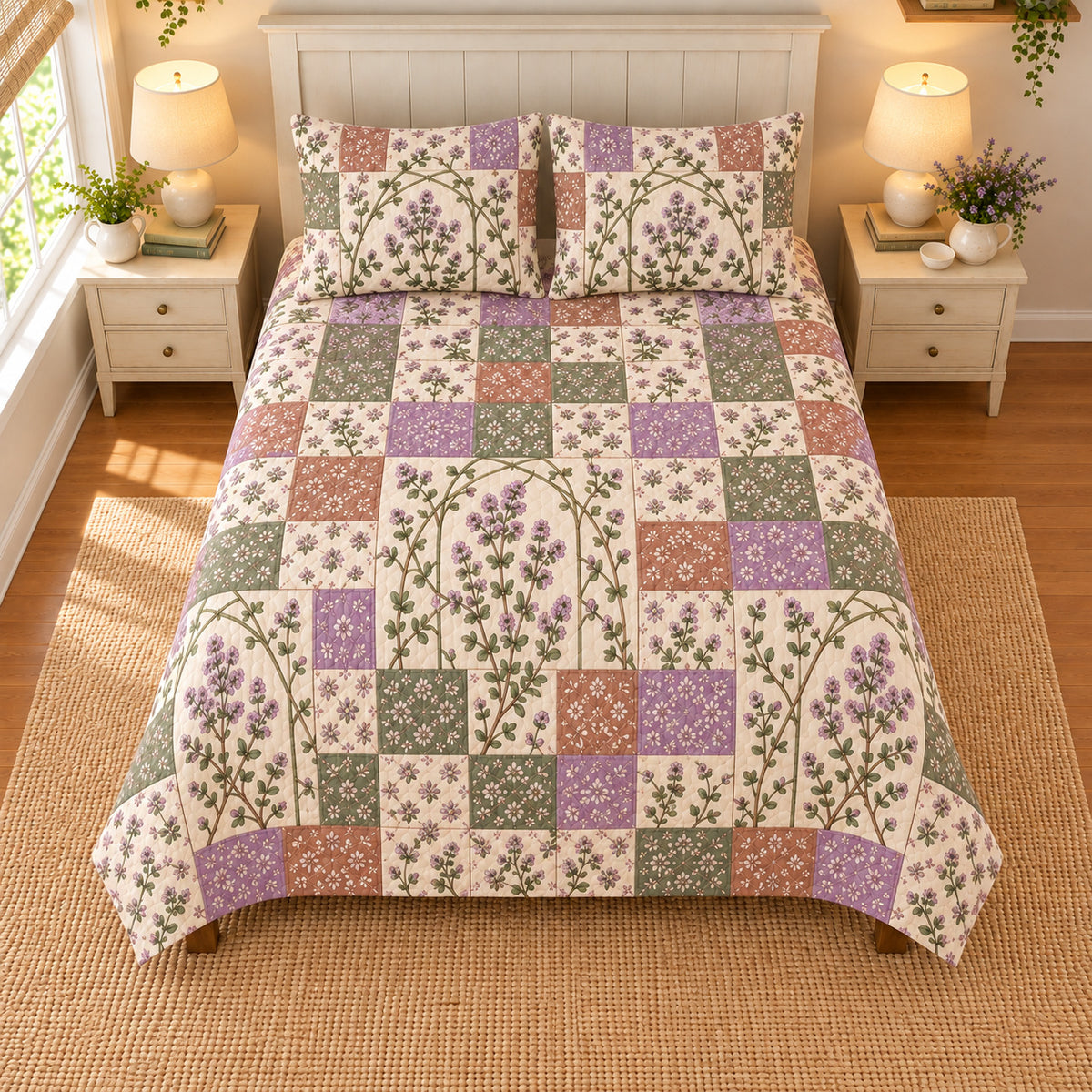Thyme Blossoms patchwork quilt set, overhead view, AI-generated digital product mockup