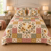Witch Hazel patchwork quilt set, front view, AI-generated digital product mockup