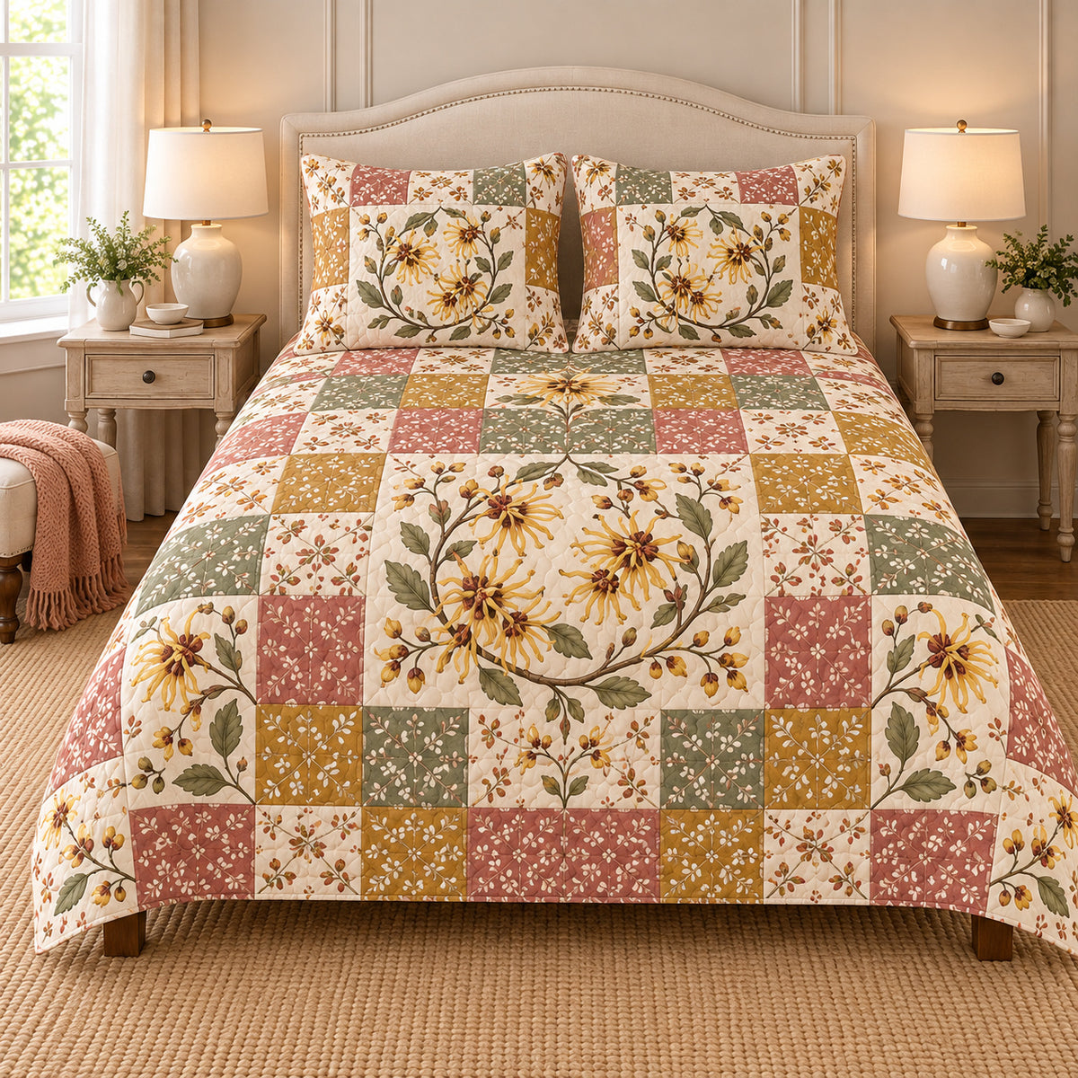 Witch Hazel patchwork quilt set, front view, AI-generated digital product mockup