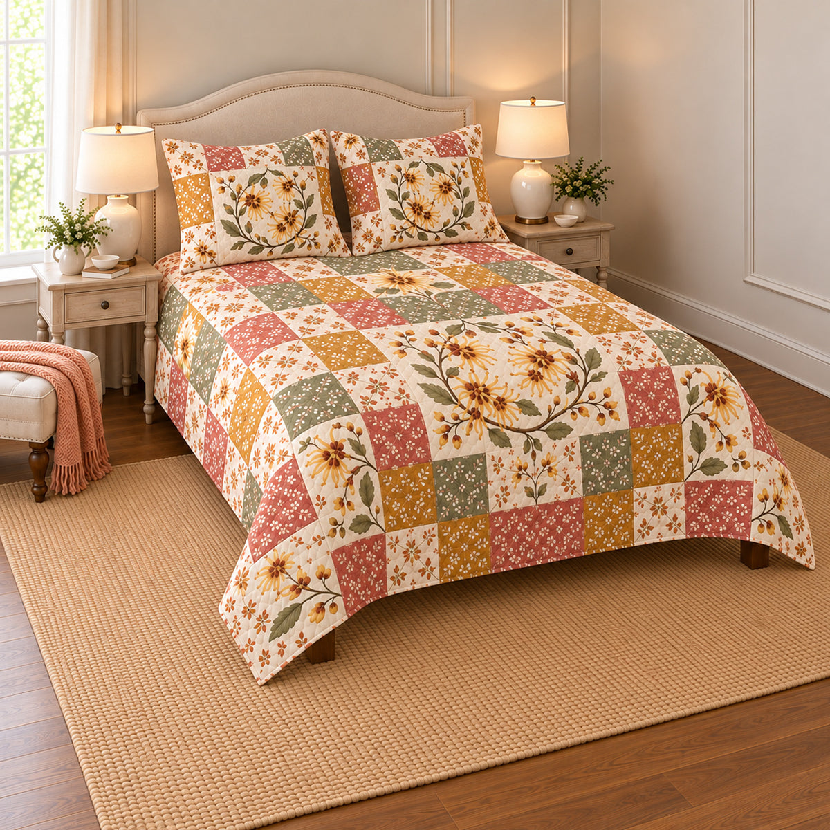 Witch Hazel patchwork quilt set, left view, AI-generated digital product mockup