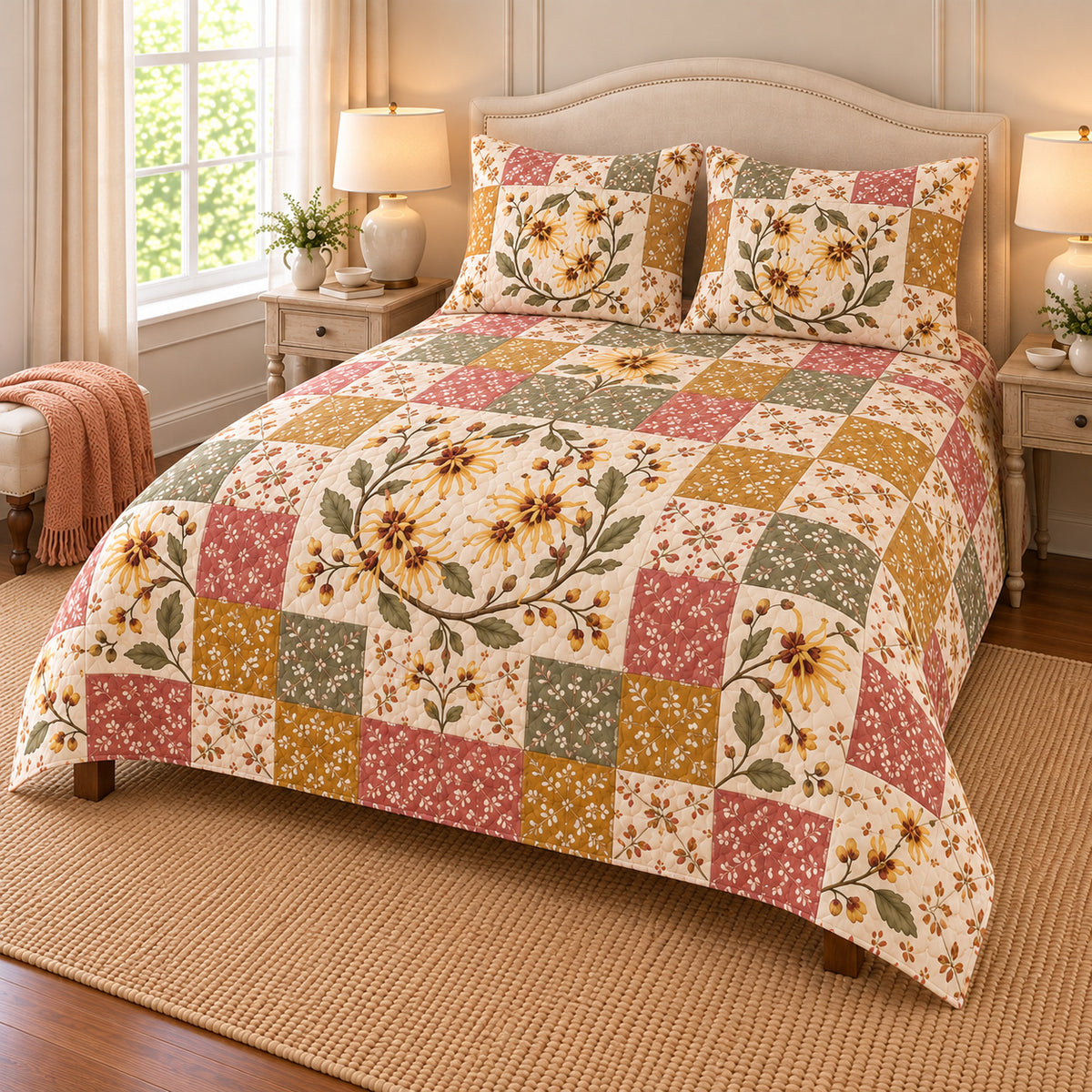 Witch Hazel patchwork quilt set, right view, AI-generated digital product mockup